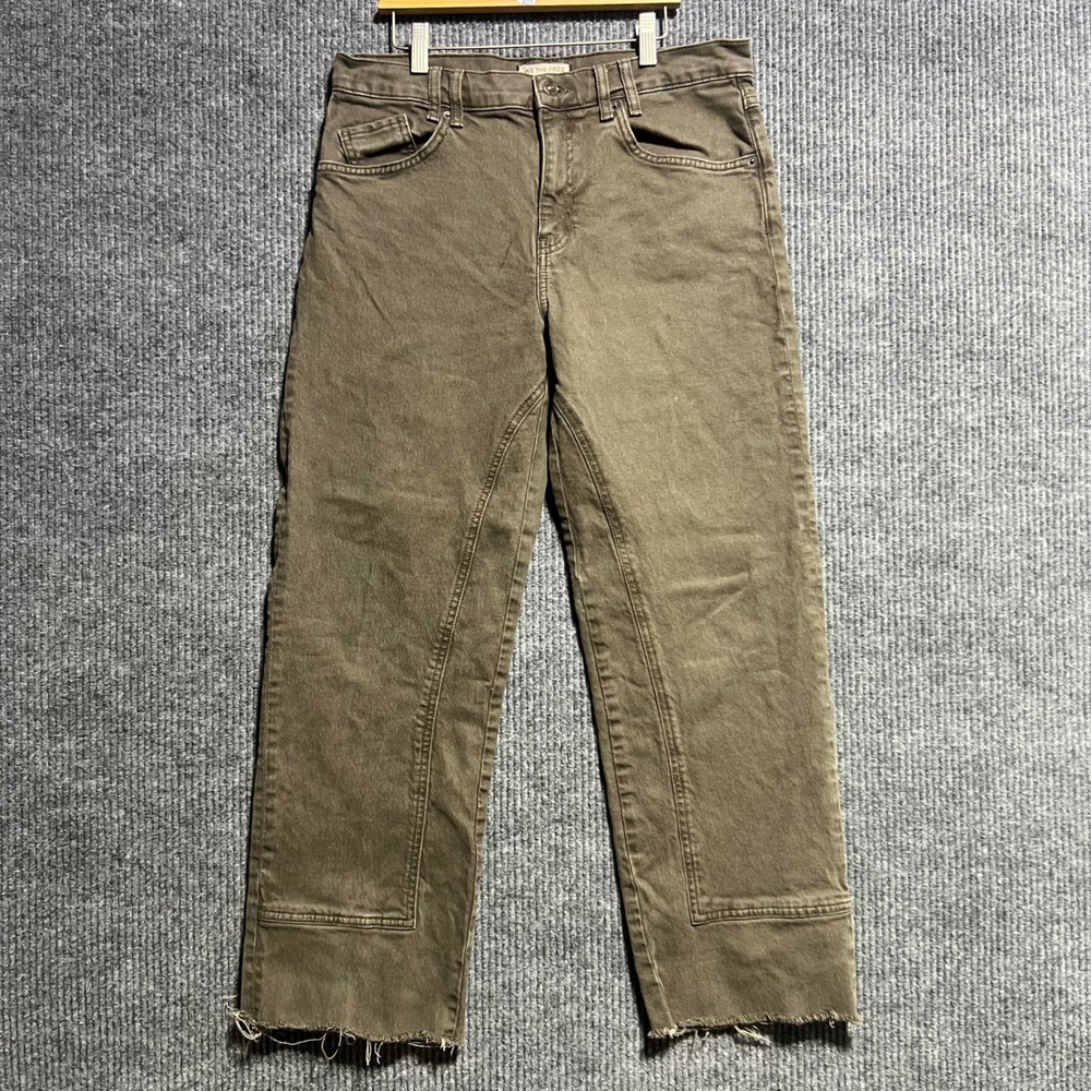 We The Free Straight Leg Pants Womens 31 Olive Brown Raw Hem Paneled Distressed